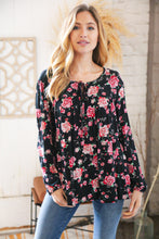 Load image into Gallery viewer, Black &amp; Rose Floral Yoke Tie String Top
