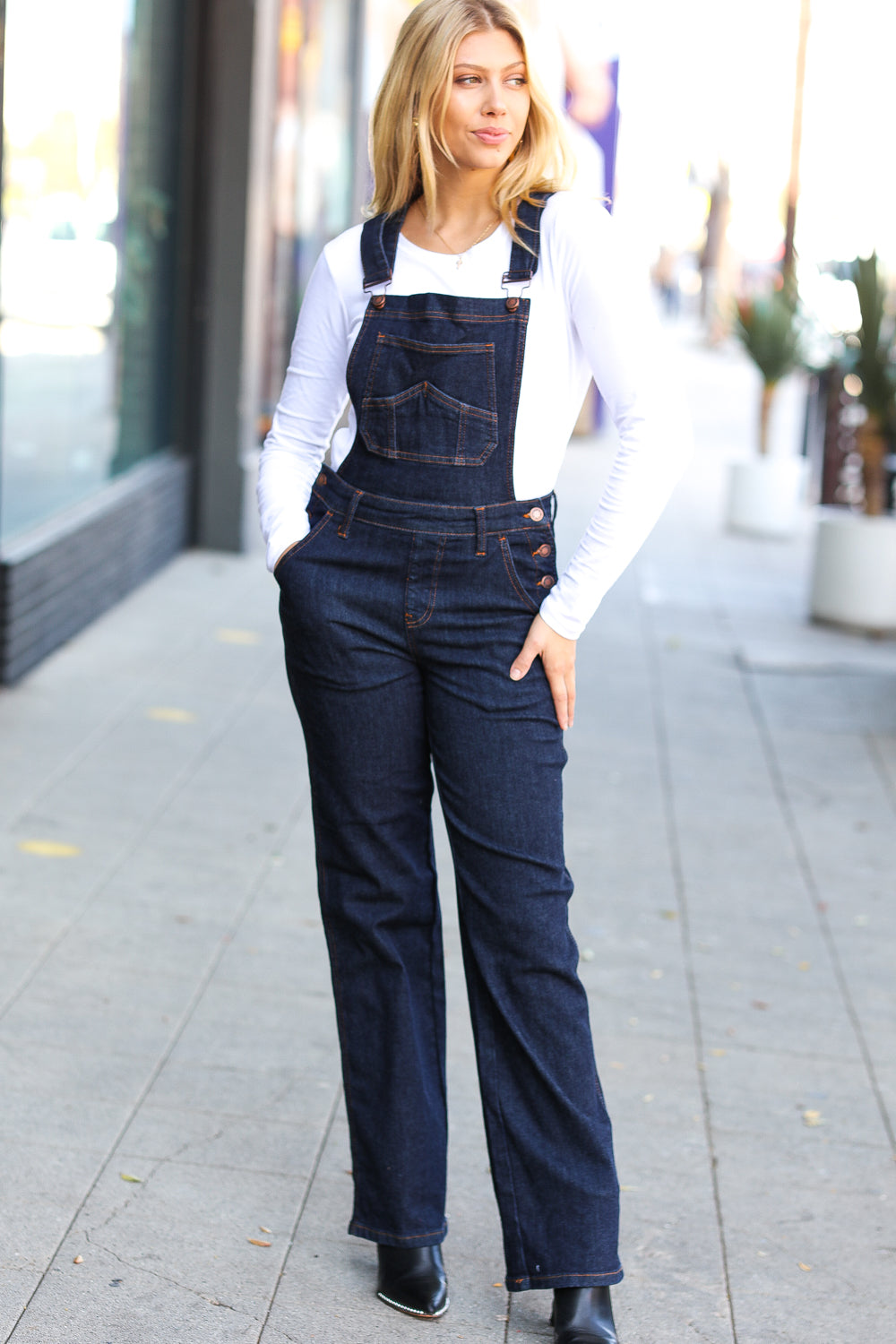 Just For You Dark Denim High Waist Wide Leg Overalls