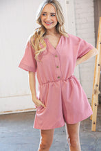 Load image into Gallery viewer, Dusty Rose Linen V Neck Button Detail Dolman Romper
