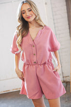 Load image into Gallery viewer, Dusty Rose Linen V Neck Button Detail Dolman Romper
