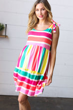 Load image into Gallery viewer, Multicolor Stripe Shoulder Tie Knot Ruffle Hem Dress
