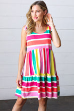 Load image into Gallery viewer, Multicolor Stripe Shoulder Tie Knot Ruffle Hem Dress
