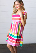 Load image into Gallery viewer, Multicolor Stripe Shoulder Tie Knot Ruffle Hem Dress
