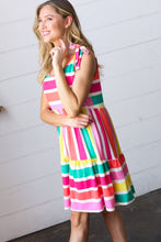 Load image into Gallery viewer, Multicolor Stripe Shoulder Tie Knot Ruffle Hem Dress
