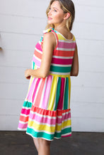 Load image into Gallery viewer, Multicolor Stripe Shoulder Tie Knot Ruffle Hem Dress
