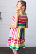 Load image into Gallery viewer, Multicolor Stripe Shoulder Tie Knot Ruffle Hem Dress
