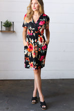 Load image into Gallery viewer, Black &amp; Blood Orange Floral Surplice V Neck Dress
