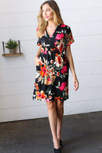 Load image into Gallery viewer, Black &amp; Blood Orange Floral Surplice V Neck Dress
