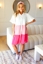 Load image into Gallery viewer, Tell Me More Pink Color Block Collared Button Down Dress
