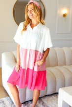 Load image into Gallery viewer, Tell Me More Pink Color Block Collared Button Down Dress
