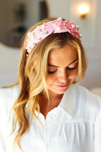 Load image into Gallery viewer, Soft Pink Pearl &amp; Jewels Top Knot Knit Headband
