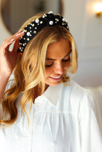 Load image into Gallery viewer, Black Pearl &amp; Jewels Top Knot Knit Headband
