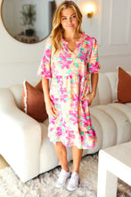 Load image into Gallery viewer, Lovely Lady Mint &amp; Fuchsia Floral Notch Neck Woven Dress
