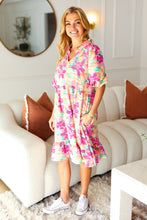 Load image into Gallery viewer, Lovely Lady Mint &amp; Fuchsia Floral Notch Neck Woven Dress
