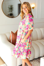 Load image into Gallery viewer, Lovely Lady Mint &amp; Fuchsia Floral Notch Neck Woven Dress
