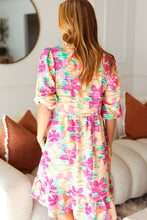 Load image into Gallery viewer, Lovely Lady Mint &amp; Fuchsia Floral Notch Neck Woven Dress
