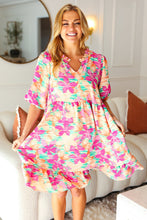 Load image into Gallery viewer, Lovely Lady Mint &amp; Fuchsia Floral Notch Neck Woven Dress
