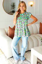 Load image into Gallery viewer, All For You Mint Floral Yoke Flutter Sleeve Keyhole Back Top
