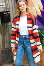 Load image into Gallery viewer, All Put Together Rust &amp; Navy Striped Pocketed Cardigan
