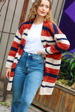 Load image into Gallery viewer, All Put Together Rust &amp; Navy Striped Pocketed Cardigan
