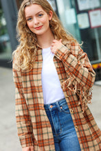 Load image into Gallery viewer, All Bets Off Taupe Flannel Plaid Fringe Jacket
