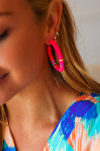 Load image into Gallery viewer, Neon Pink Puka Shell Hoop Earrings
