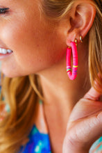 Load image into Gallery viewer, Neon Pink Puka Shell Hoop Earrings
