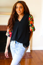 Load image into Gallery viewer, Eyes On You Black Floral Puff Sleeve V Neck Top
