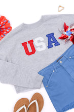 Load image into Gallery viewer, PREORDER: Cropped Length Embroidered Glitter USA Sweatshirt
