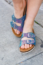 Load image into Gallery viewer, Teal Glitter Cork Bed Buckle Slip-On Sandals
