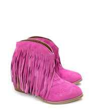 Load image into Gallery viewer, Amos Fringe Ankle Bootie in Magenta Suede
