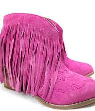 Load image into Gallery viewer, Amos Fringe Ankle Bootie in Magenta Suede
