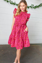 Load image into Gallery viewer, Magenta Floral Waist Tie Ruffle Frill Dress with Pockets
