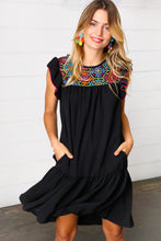 Load image into Gallery viewer, Black Crepe Neon Floral Embroidery Flutter Sleeve Dress
