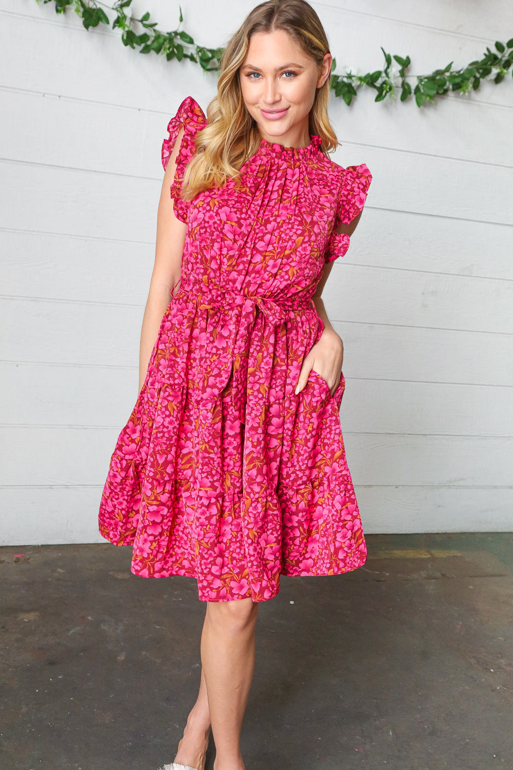 Magenta Floral Waist Tie Ruffle Frill Dress with Pockets