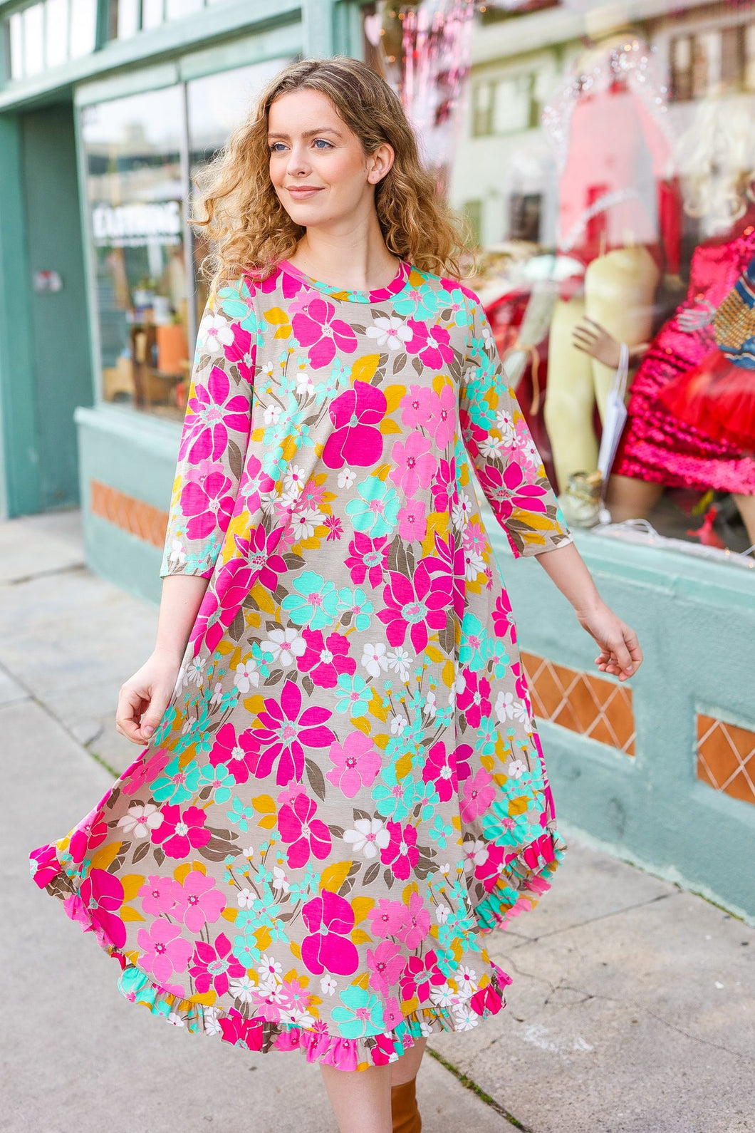 Feeling Femme' Taupe & Fuchsia Floral Print Ruffle Hem Midi Dress