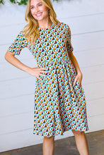 Load image into Gallery viewer, Aqua &amp; Pink Fit &amp; Flare Geometric Midi Dress
