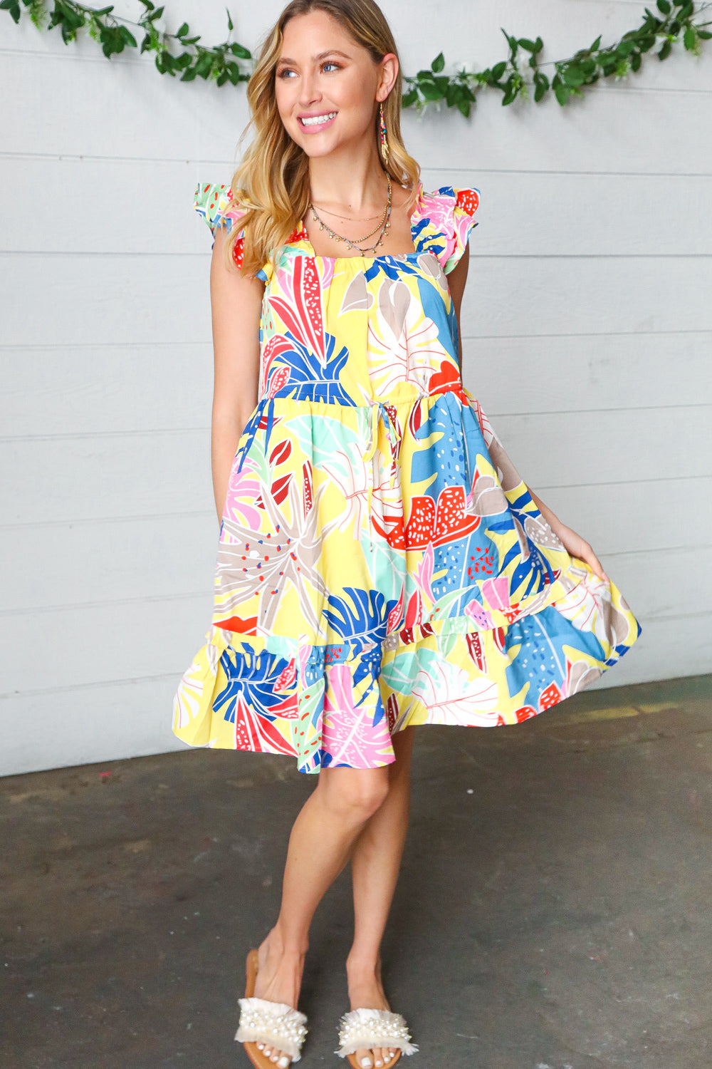 Yellow Tropical Print Ruffle Lined Drawstring Dress