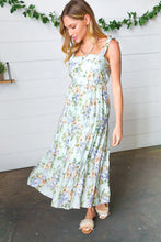 Load image into Gallery viewer, Light Blue Floral Tie Shoulder Tiered Maxi Dress
