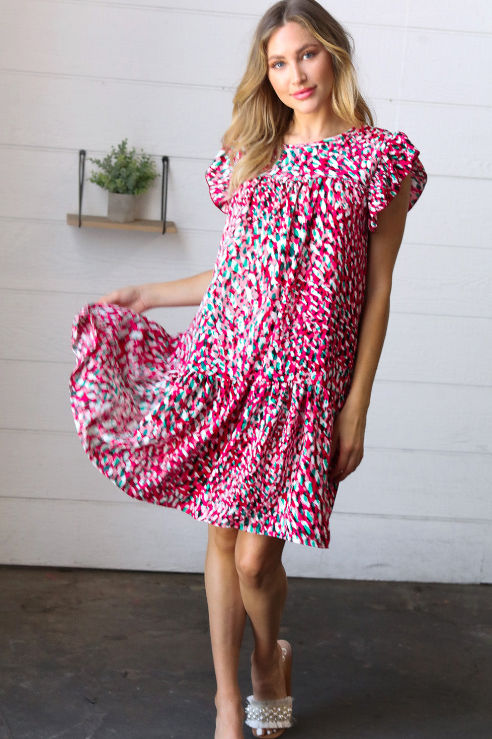 Fuchsia & Teal Abstract Dot Yoke Woven Dress