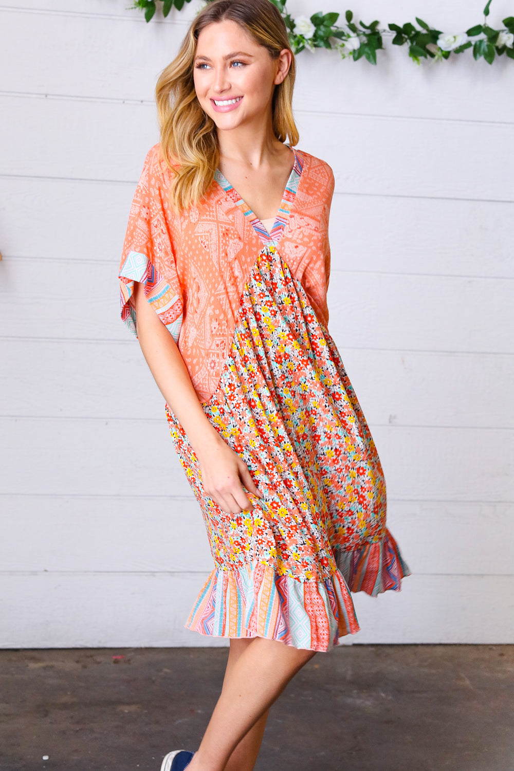 Apricot Boho Flower Colorblock V Neck Dress