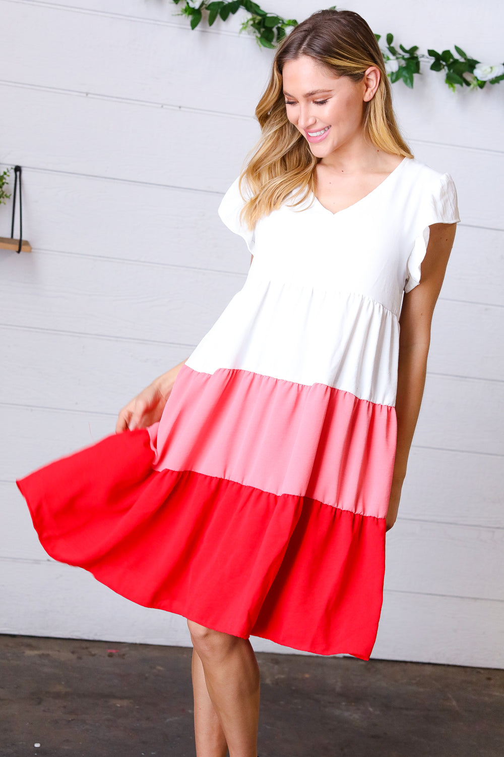 Peach & Cherry Red Tiered Frill Sleeve Midi Dress