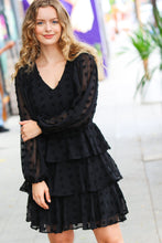 Load image into Gallery viewer, Holiday Vixen Black Chiffon Swiss Dot V Neck Tiered Ruffle Dress
