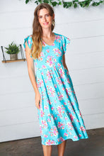 Load image into Gallery viewer, Aqua Floral Elastic Waist Fit and Flare Ruffle Midi Dress
