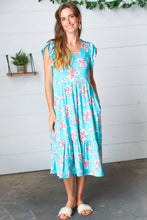 Load image into Gallery viewer, Aqua Floral Elastic Waist Fit and Flare Ruffle Midi Dress
