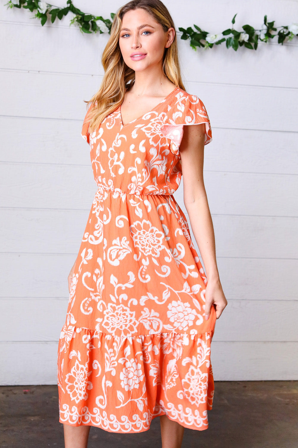 Sunset Boho Ethnic Floral V Neck Flutter Sleeve Dress