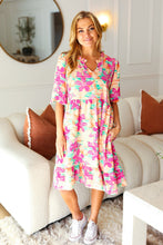 Load image into Gallery viewer, Lovely Lady Mint &amp; Fuchsia Floral Notch Neck Woven Dress
