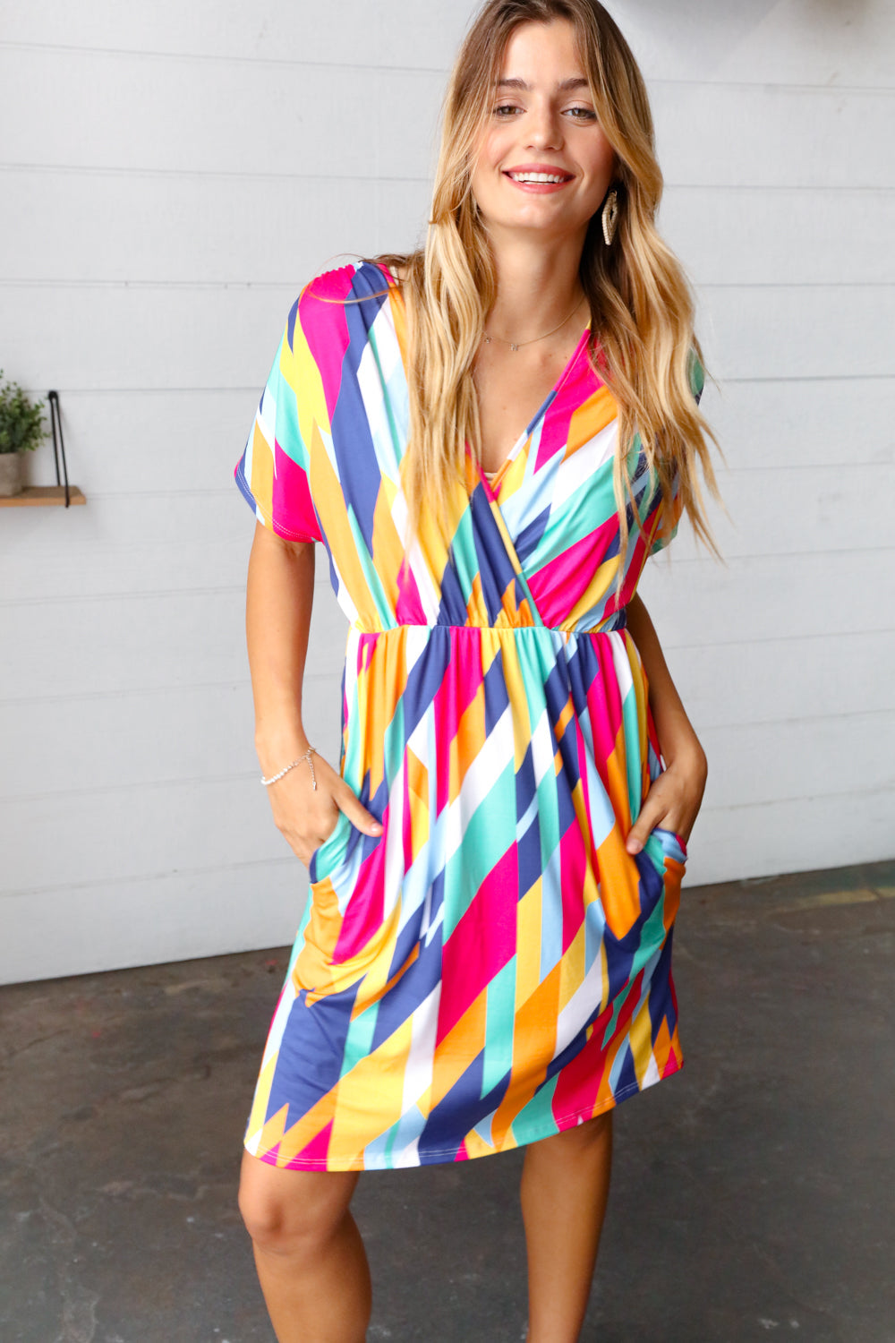 Multicolor Geometric Surplice V Neck Pocketed Dress