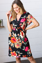 Load image into Gallery viewer, Black &amp; Blood Orange Floral Surplice V Neck Dress
