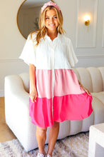 Load image into Gallery viewer, Tell Me More Pink Color Block Collared Button Down Dress
